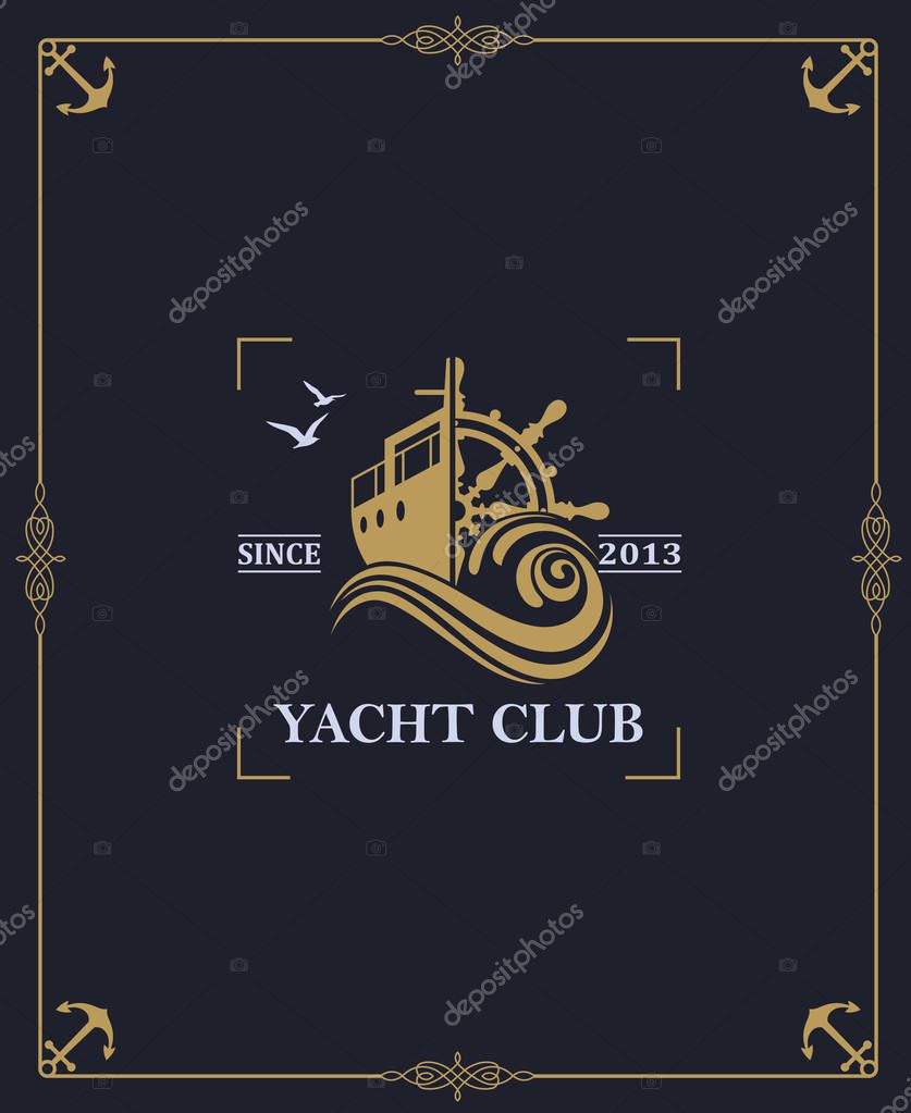 Yacht club label isolated on dark background in decorative frame