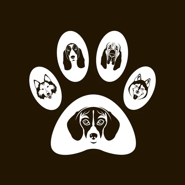 Illustratie Van Voetafdruk Met Hond Hoofden — Stockvector