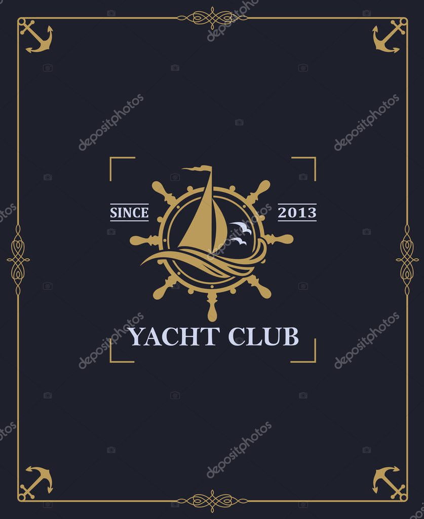 Yacht club label isolated on dark background in decorative frame
