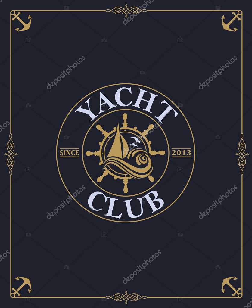 Yacht club label isolated on dark background in decorative frame