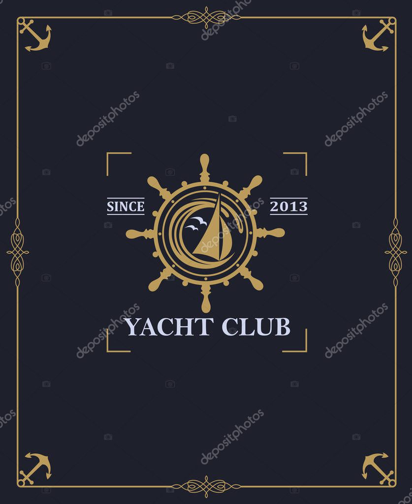 Yacht club label isolated on dark background in decorative frame