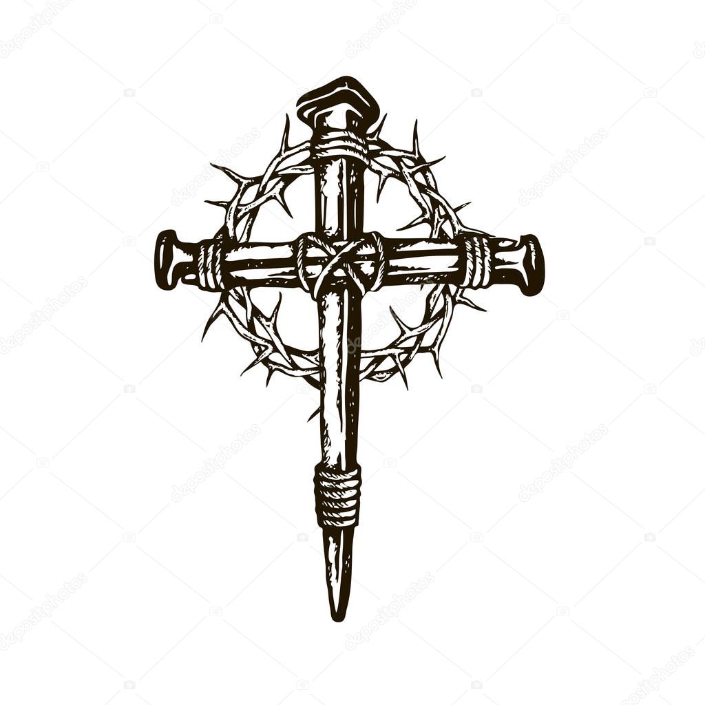 Black image of jesus nail cross with thorn crown isolated on white background