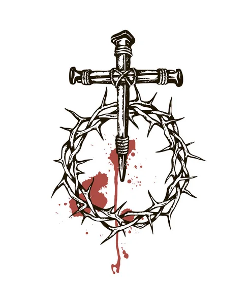 Изображение Иисуса Ногтей Терновой Короной Кровью Изолированы Белом Фоне — стоковый вектор