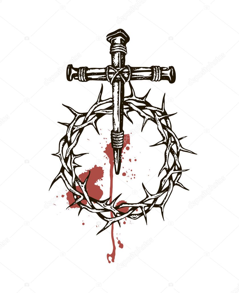 Image of jesus nails with thorn crown and blood isolated on white background