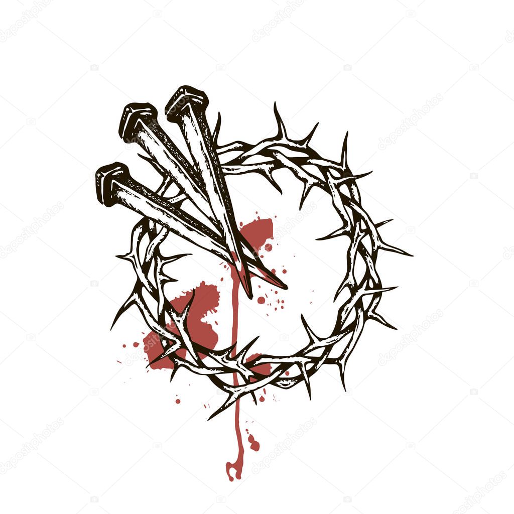 Image of jesus nails with thorn crown and blood isolated on white background