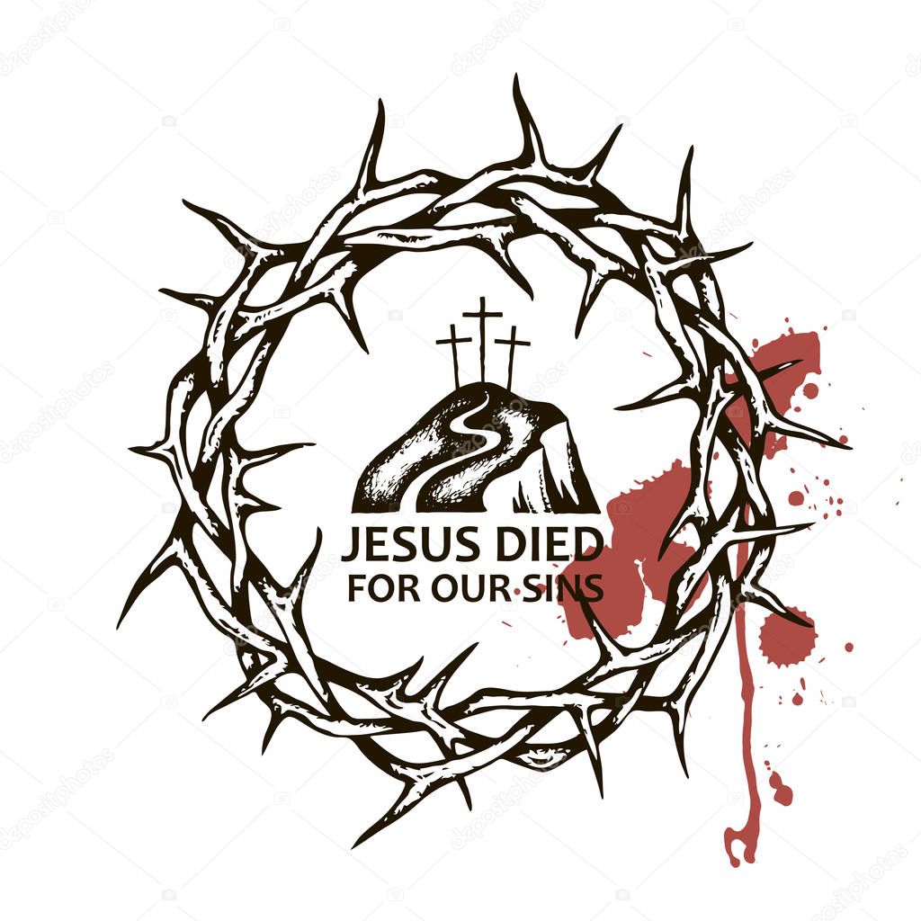 Image of thorn crown with golgotha and blood isolated on white background