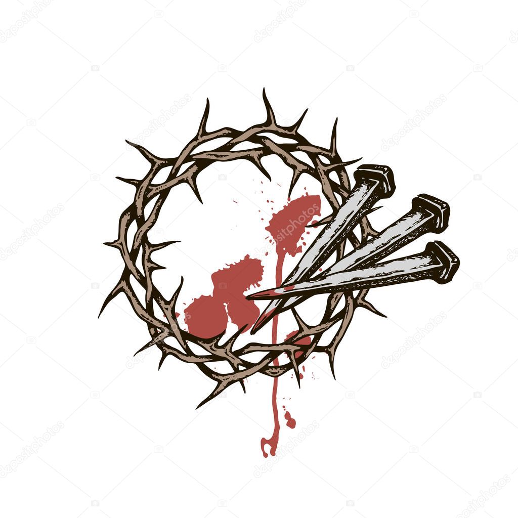 Image of jesus nails with thorn crown and blood isolated on white background