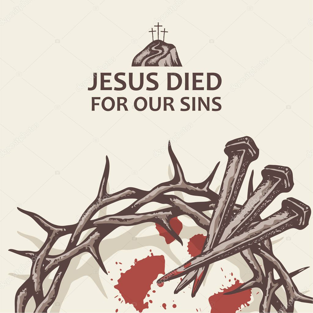 Image of jesus nails with thorn crown and blood isolated on white background