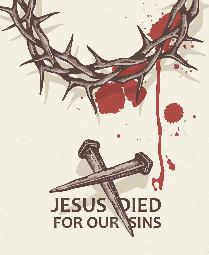 Illustration of jesus nails with thorn crown and blood