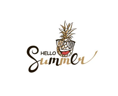 beyaz arka plan üzerinde izole ananas ile merhaba yaz yazı amblemi