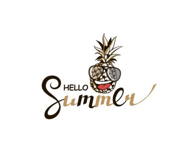 beyaz arka plan üzerinde izole ananas ile merhaba yaz yazı amblemi