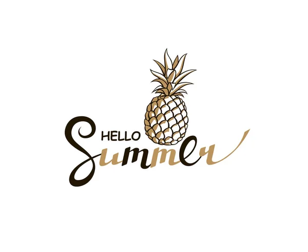 Emblem Hello Summer Bokstäver Med Ananas Isolerad Vit Bakgrund — Stock vektor