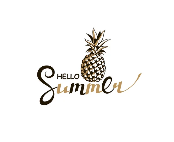 Emblem Hello Summer Bokstäver Med Ananas Isolerad Vit Bakgrund — Stock vektor