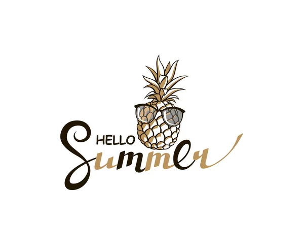 Emblema Hola Letras Verano Con Piña Aislada Sobre Fondo Blanco — Archivo Imágenes Vectoriales