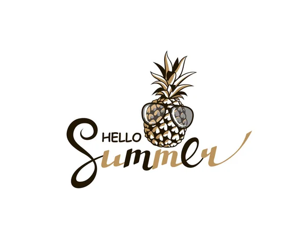 Emblem Hello Summer Bokstäver Med Ananas Isolerad Vit Bakgrund — Stock vektor