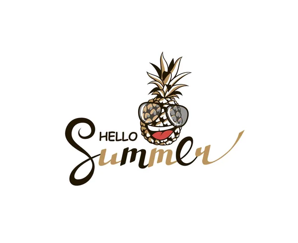 Emblem Hello Summer Bokstäver Med Ananas Isolerad Vit Bakgrund — Stock vektor