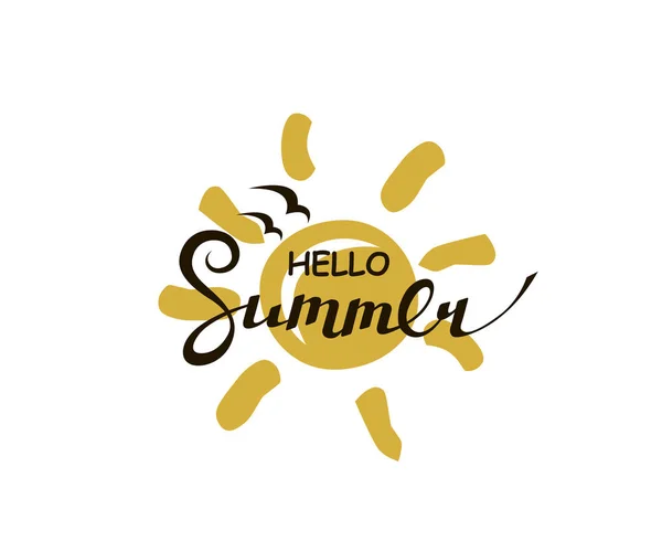 Emblem Hello Summer Bokstäver Med Stranden Isolerade Vit Bakgrund — Stock vektor