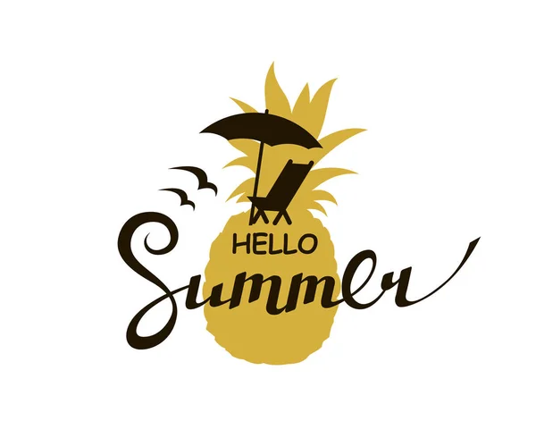 Emblem Hello Summer Bokstäver Med Stranden Isolerade Vit Bakgrund — Stock vektor