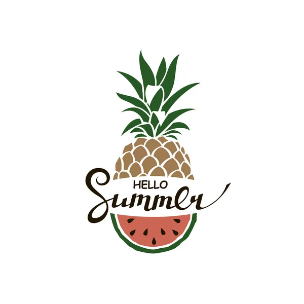 Embleem Van Hello Summer Belettering Met Ananas Watermeloen Geïsoleerd Witte — Stockvector