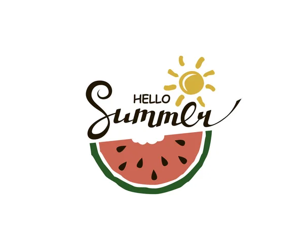 Emblem Hello Summer Bokstäver Med Vattenmelon Isolerad Vit Bakgrund — Stock vektor
