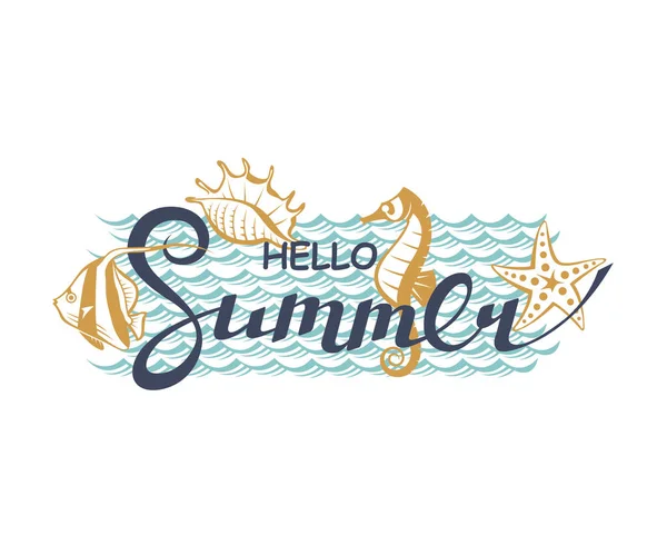 Godło Hello Summer Napis Morzem Białym Tle — Wektor stockowy