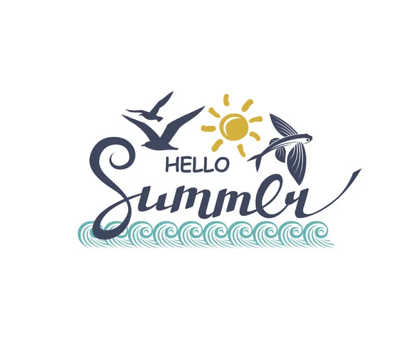 Godło Hello Summer Napis Morzem Białym Tle — Wektor stockowy