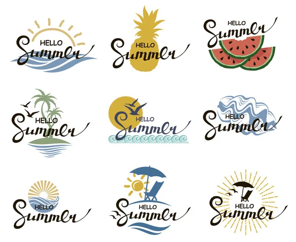 Raccolta Emblemi Ciao Lettering Estivo Con Spiaggia Ananas Anguria Isolato — Vettoriale Stock