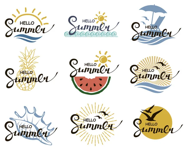 Emblems Collection Hello Summer Lettering Beach Pineapple Armelon Isolated White — стоковый вектор