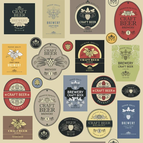 Patrón Sin Costuras Con Varias Etiquetas Cerveza Estilo Retro — Vector de stock