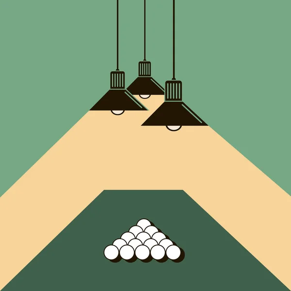 Illustration Eines Billardtisches Mit Billardkugeln Und Deckenlampen — Stockvektor
