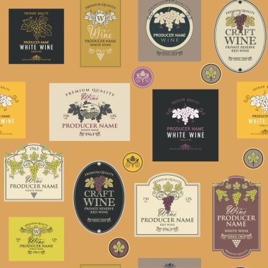 üzüm, manzara, şaraphane ve retro tarzı diğer görüntüleri ile çeşitli şarap etiketleri ile şarap teması üzerinde dikişsiz desen