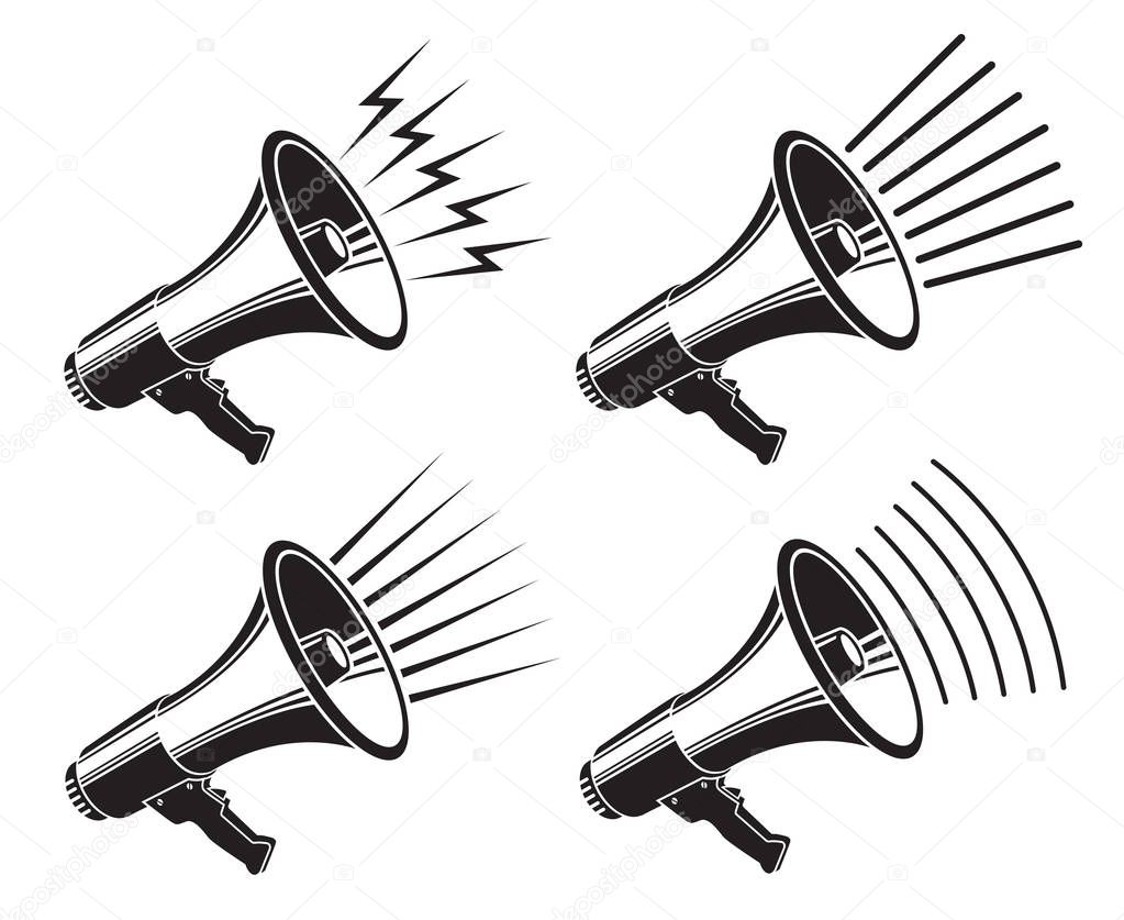 Collection of monochrome megaphone icon isolated on white background