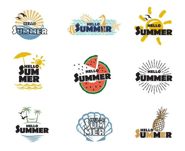 Emblems Collection Hello Summer Lettering Beach Pineapple Armelon Isolated White — стоковый вектор