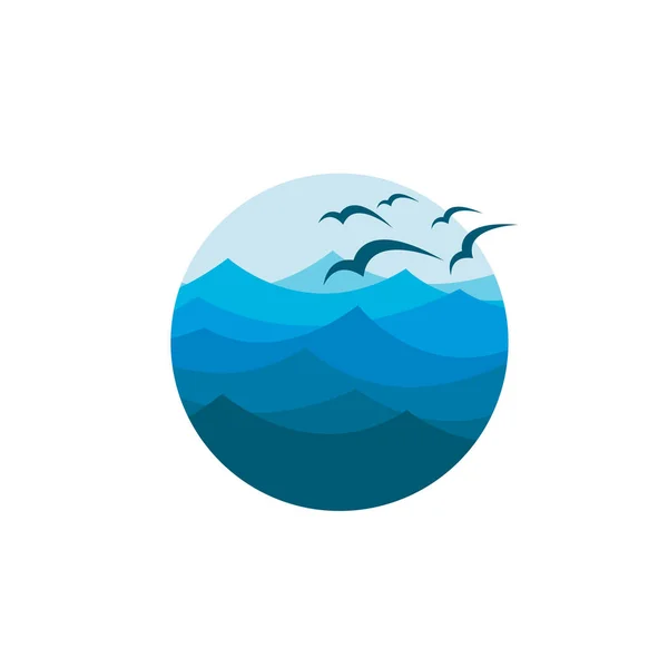 Icona Astratta Onde Blu Dell Oceano Gabbiani — Vettoriale Stock