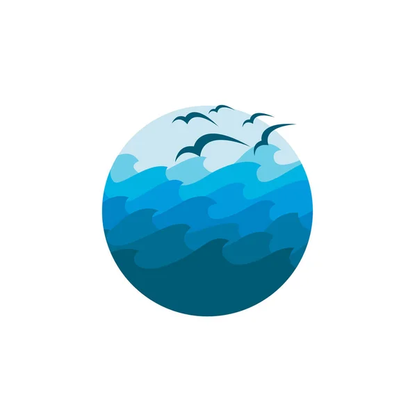 蓝色海浪和海鸥的抽象图标 — 图库矢量图片