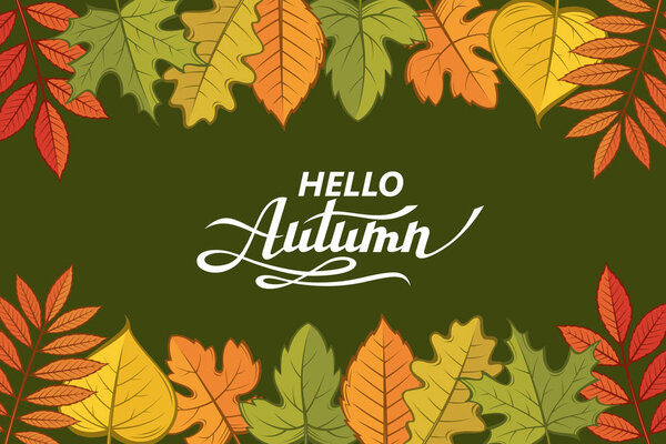 hello autumn lettering pattern with woody leaves isolated on dark background