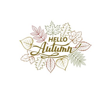 merhaba beyaz arka plan üzerinde izole odunsu yaprakları ile sonbahar yazı etiketi