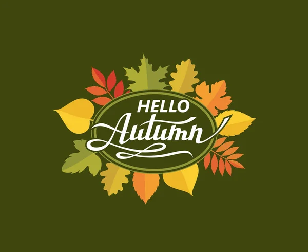 Hallo Herbst Schriftzug Muster Mit Holzigen Blättern Isoliert Auf Dunklem — Stockvektor