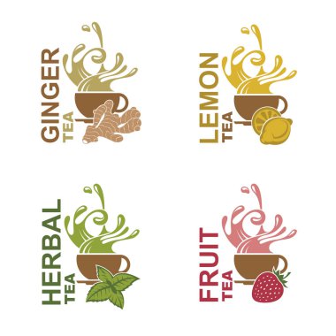 beyaz arka plan üzerinde izole zencefil, limon, bitkisel ve meyve çayı ile fincan toplama