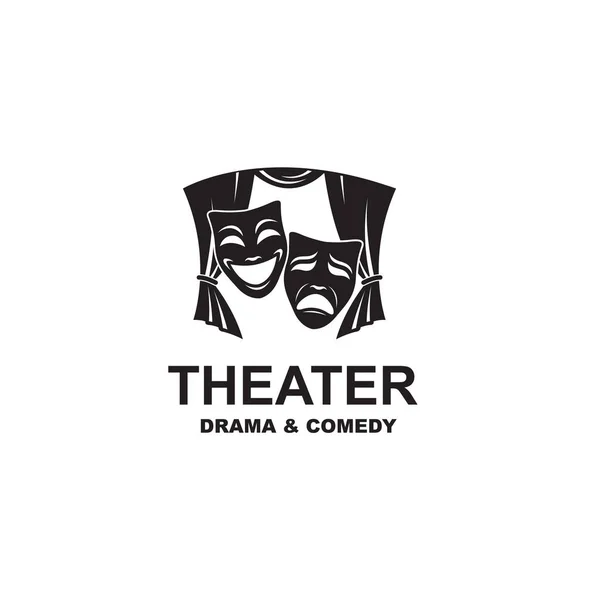 白い背景に隔離されたカーテンを持つシーン上のコメディと悲劇の劇場のマスクのアイコン — ストックベクタ