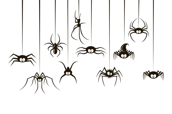 白い背景に隔離された様々なクモの黒いコレクション — ストックベクタ