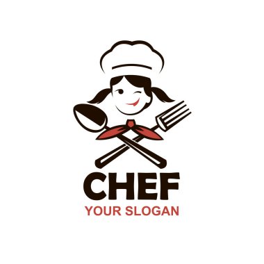 Beyaz arka planda kaşık ve çatallı şef kadın tasarımı