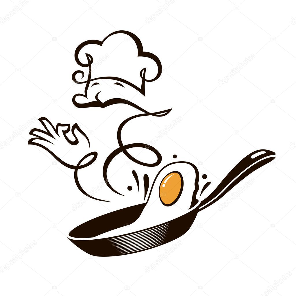 Cooking process of fried egg on pan isolated on white background