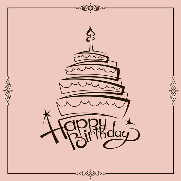 Felice Disegno Biglietto Compleanno Con Torta Isolata Sfondo Rosa — Vettoriale Stock