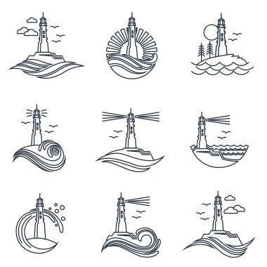 Beyaz arka planda izole edilmiş deniz feneri çizgisi simgesi ve martıları