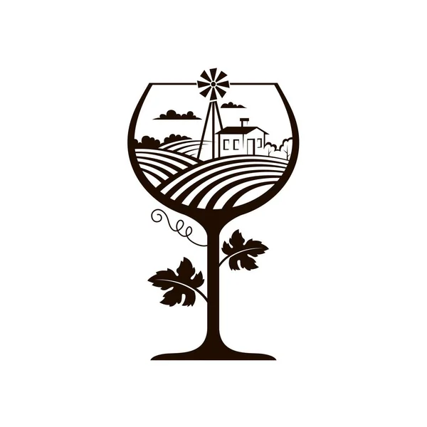白を基調としたブドウ畑のあるモノクロワイングラスイメージ — ストックベクタ