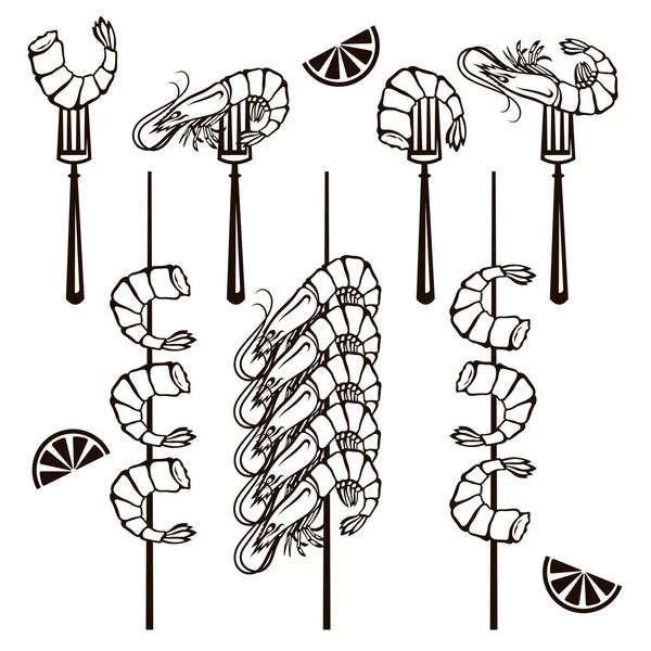 Collection Grilled Shrimps Fork Skewer Isolated — Stock Vector