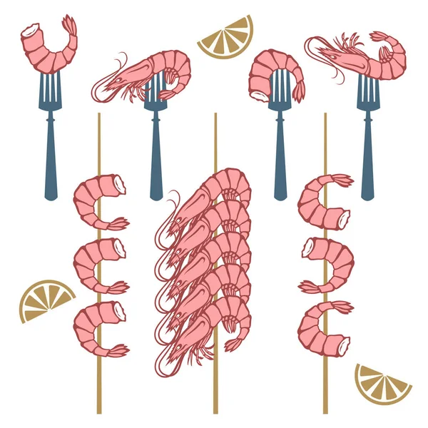 Collection Grilled Shrimps Fork Skewer Isolated — Stock Vector