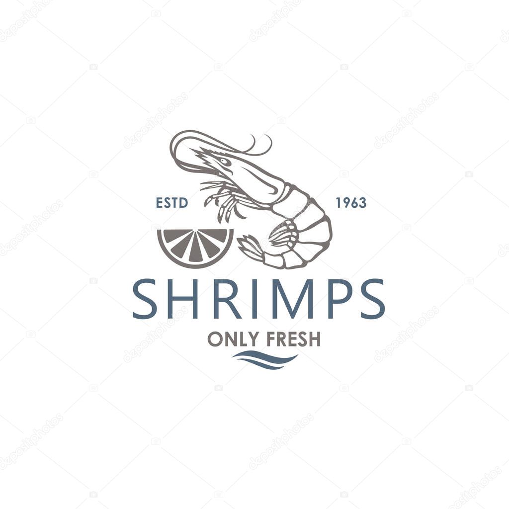 label of fresh shrimp and lemon isolated on white background
