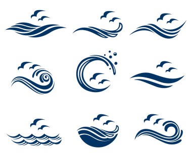 Beyaz arka planda izole edilmiş martılı deniz dalgalarının soyut koleksiyonu